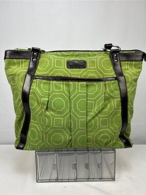 Green Geometric Tote with Dark Brown Trim